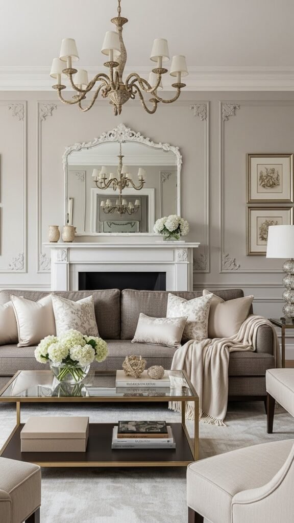 Luxury living room, dark beige sofa