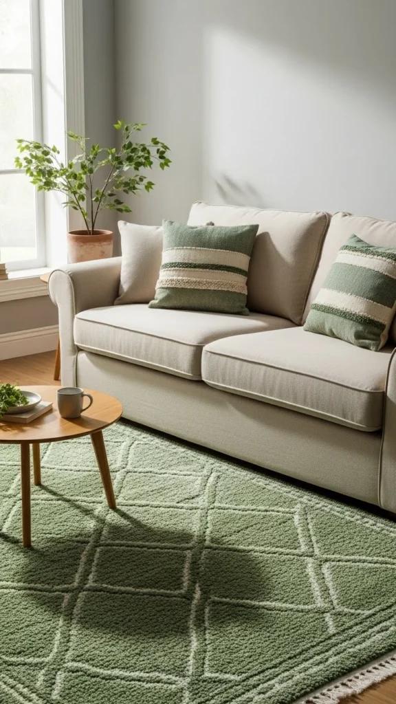 Beige Sofa with Green Area Rug