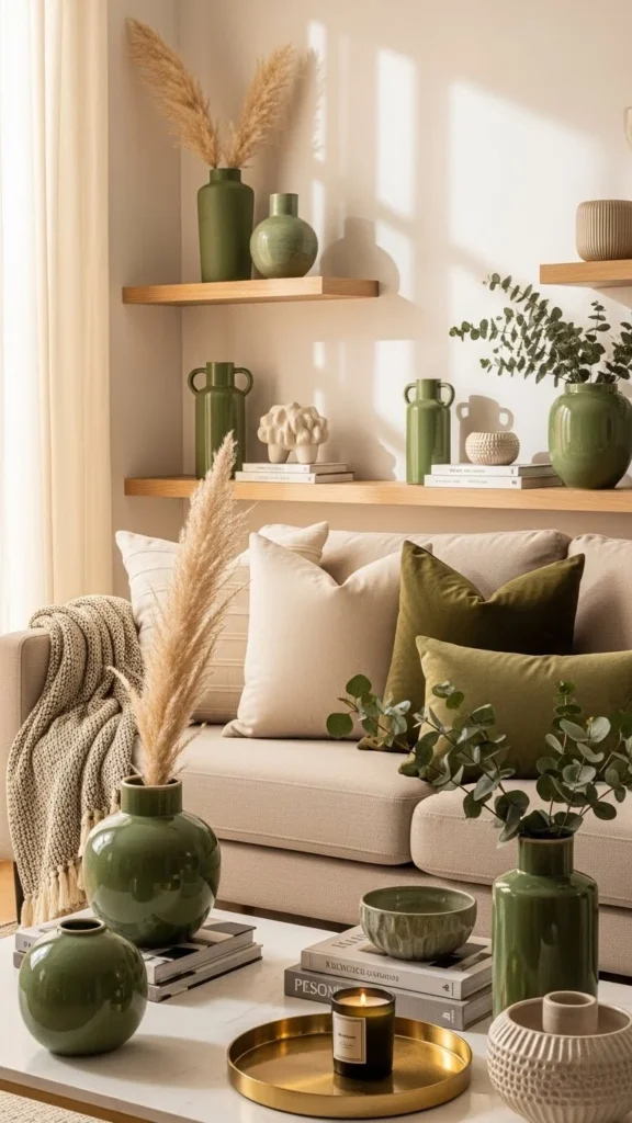Beige Sofa with Green Ceramic Decor