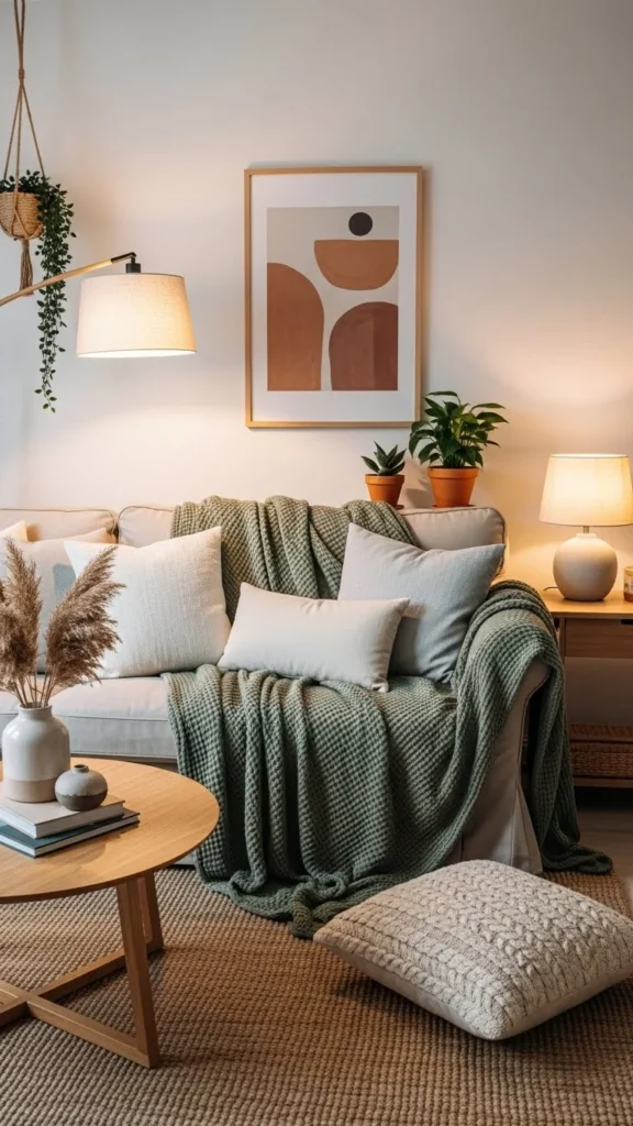 Beige Sofa with Green Throw Blankets