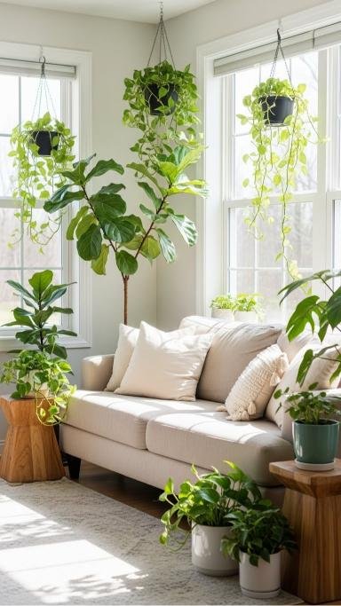 Beige sofa with lush green indoor plants near windows