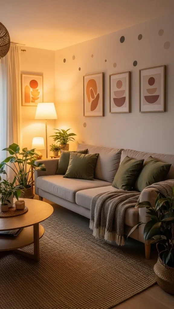 Beige Sofa with Olive Green Cushions