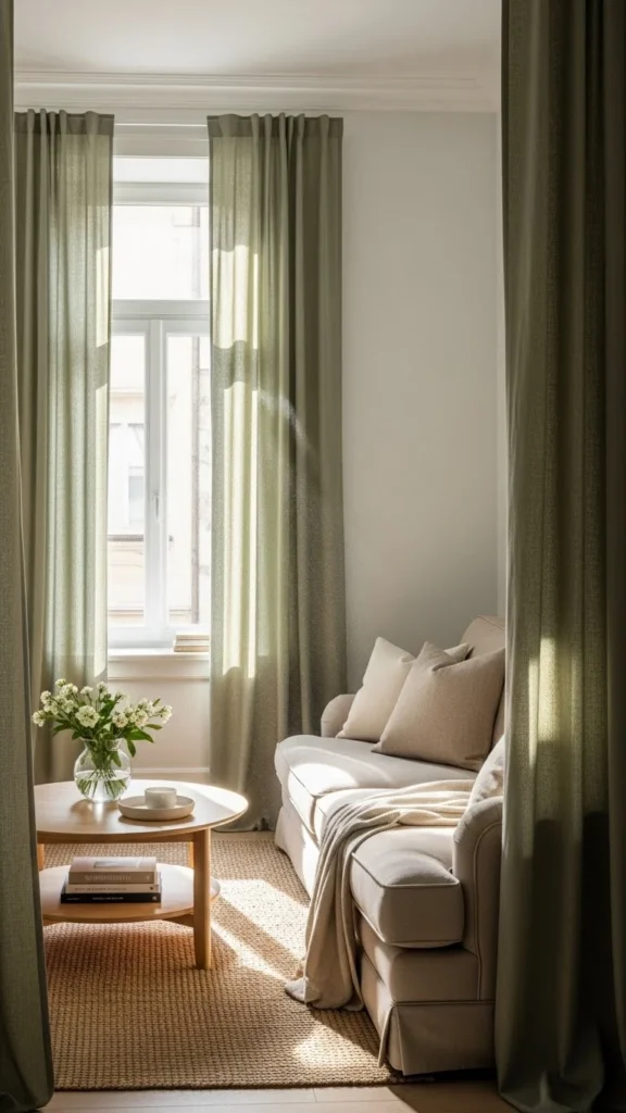 Beige Sofa with Sage Green Curtains