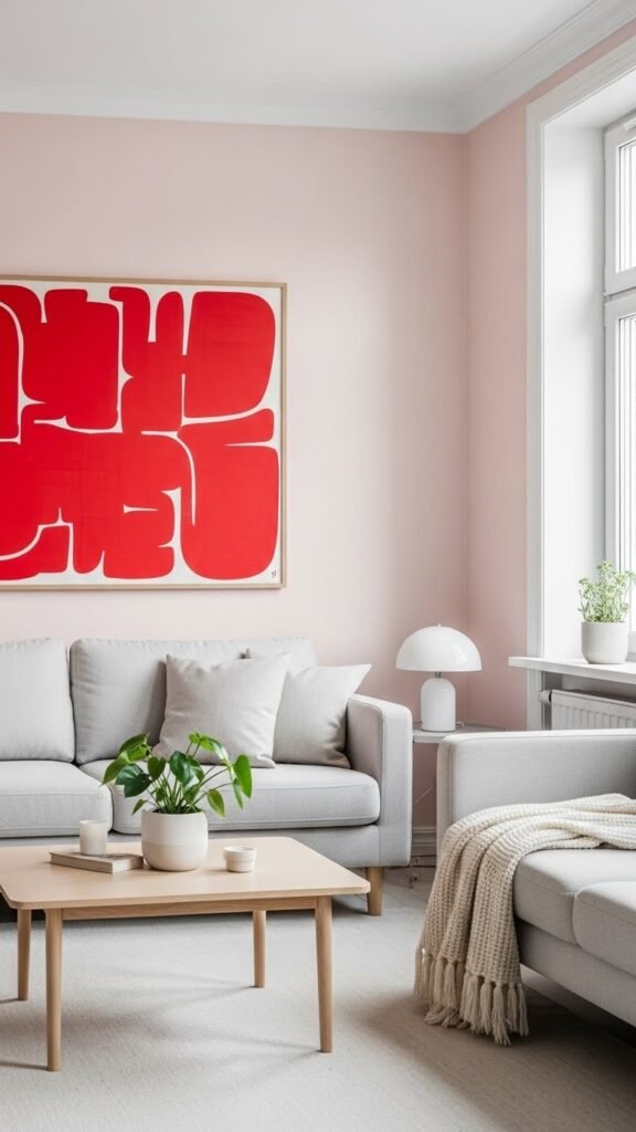 Blush pink walls with red art