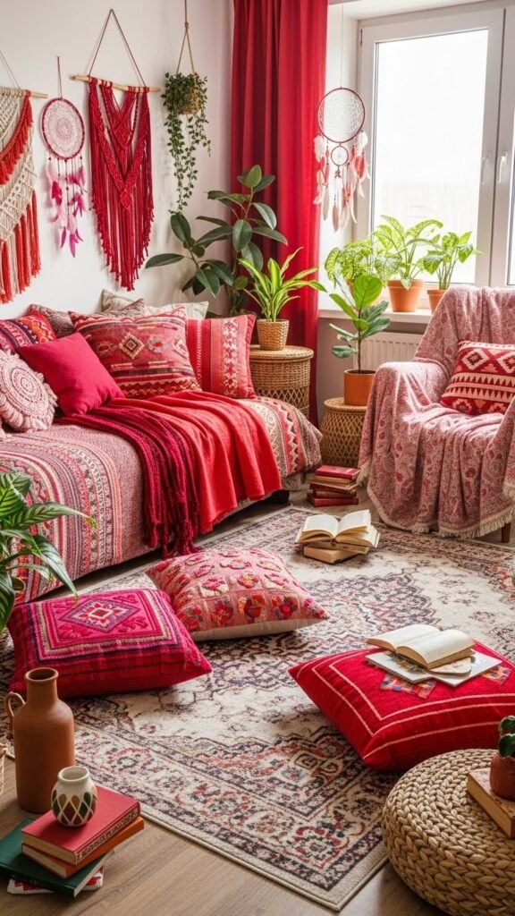 Boho decor with red pink tones