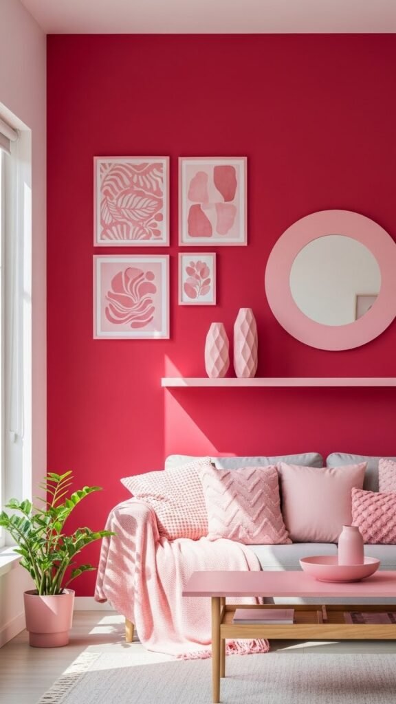 Bold red accent wall paired with soft pink cushions, wall art, and vases in a warm, stylish living room