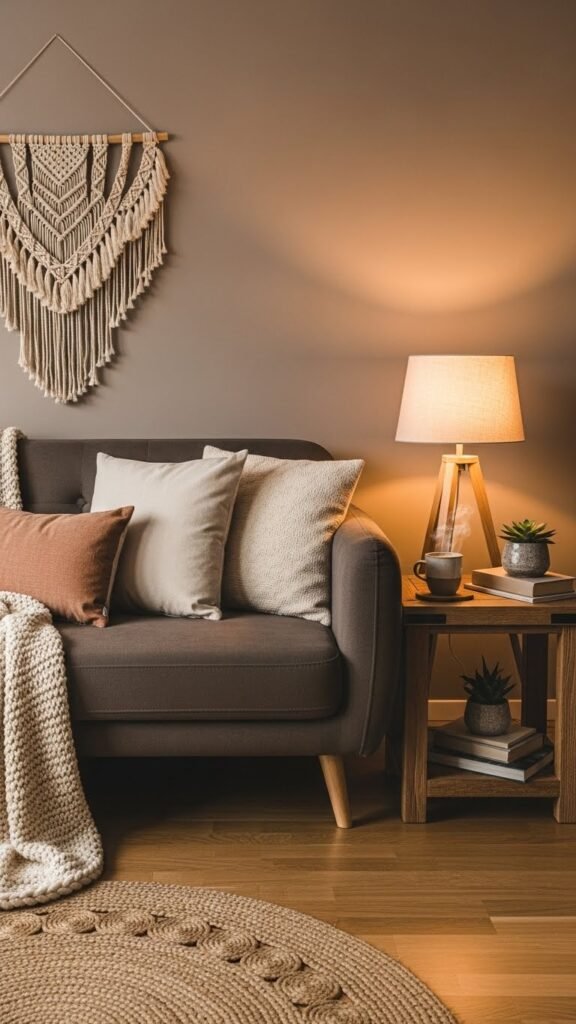 Dark beige sofa cozy corner