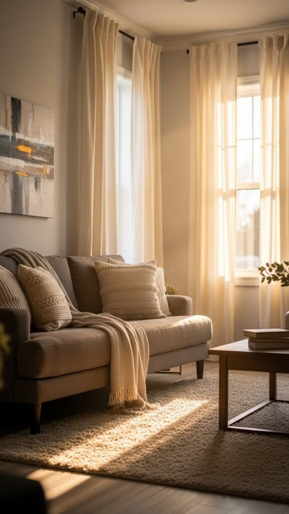 Dark beige sofa with cream curtains