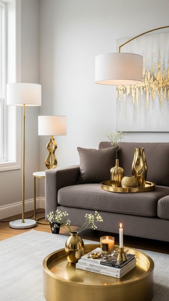 Dark beige sofa with gold accents