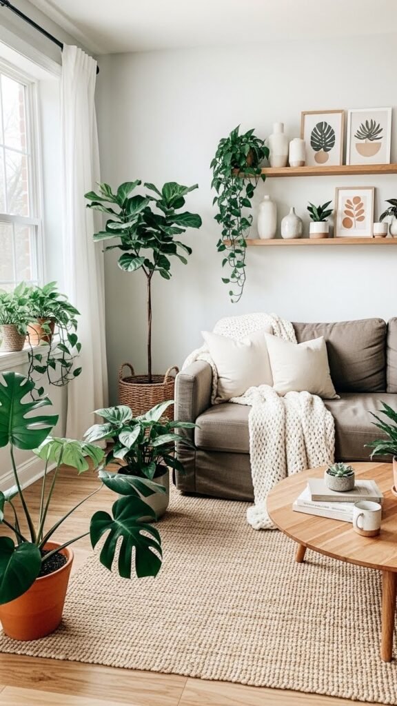 Dark beige sofa with indoor plants