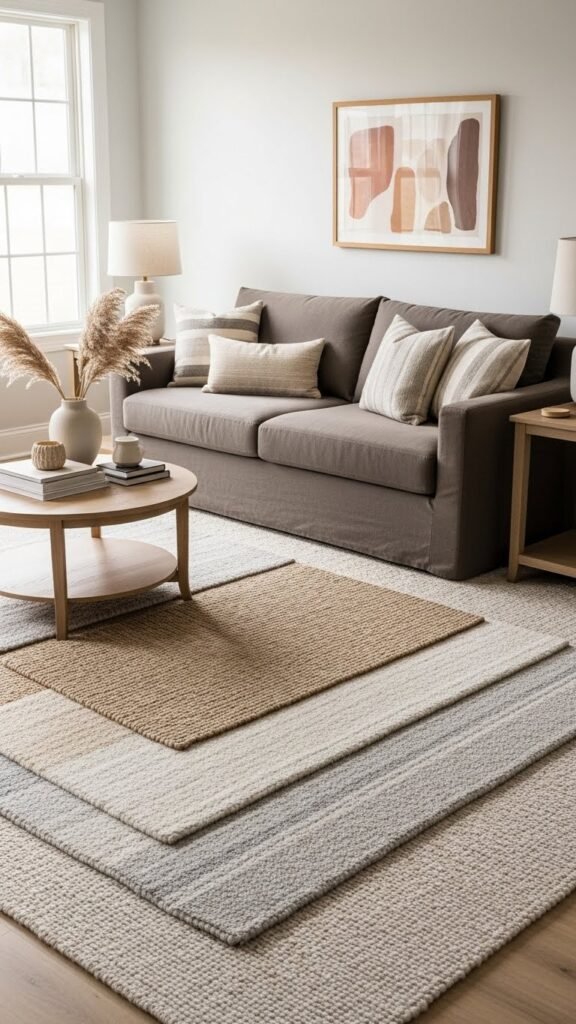 Dark beige sofa with layered rugs