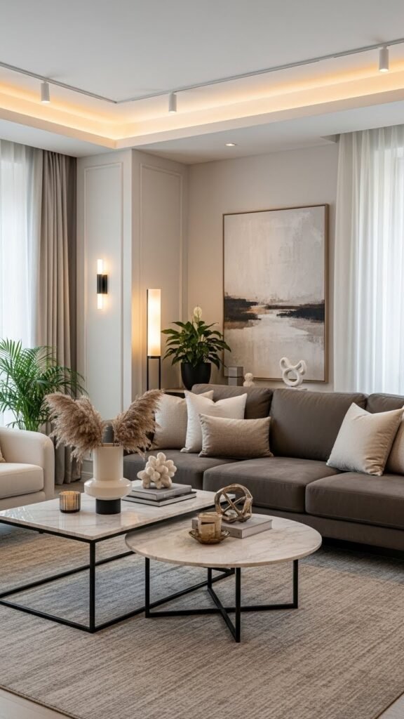 Dark beige sofa with marble accents