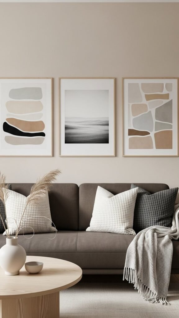 Dark beige sofa with neutral art