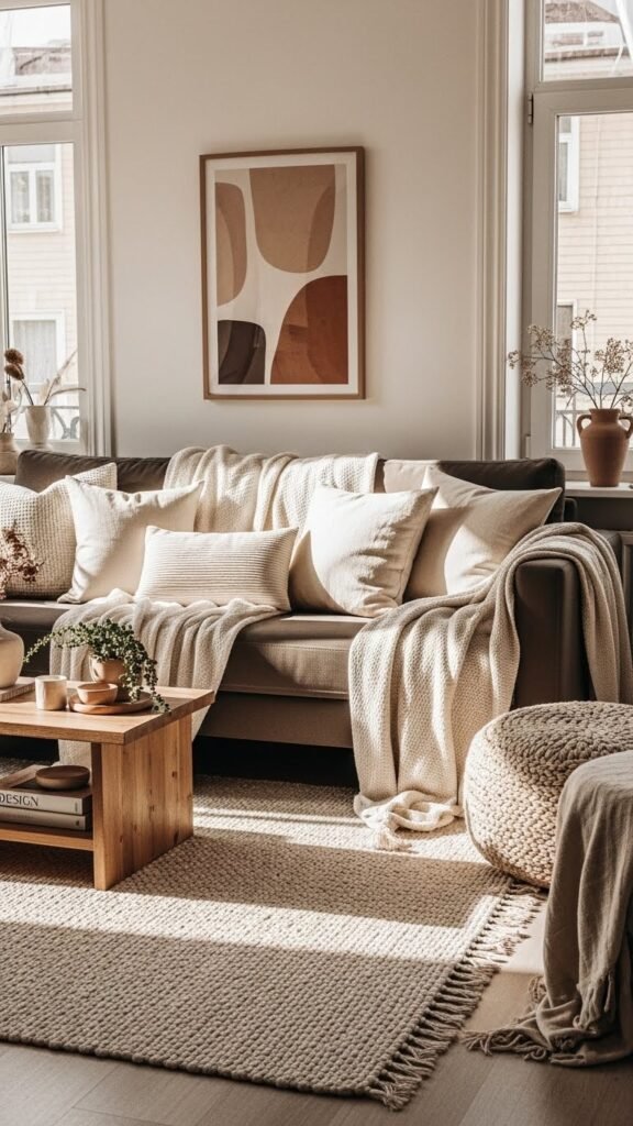Dark beige sofa with neutral cushions