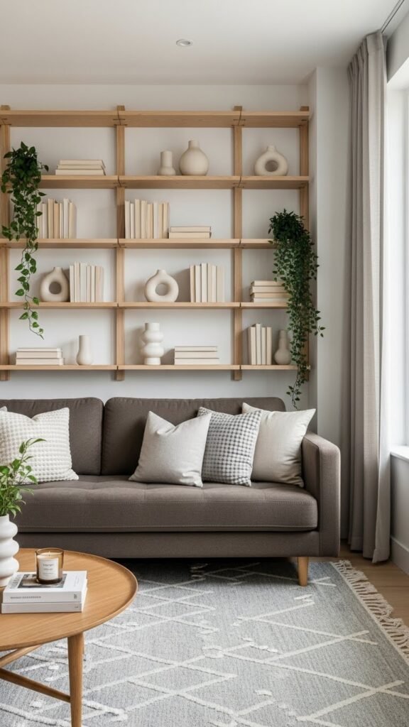 Dark beige sofa with open shelves