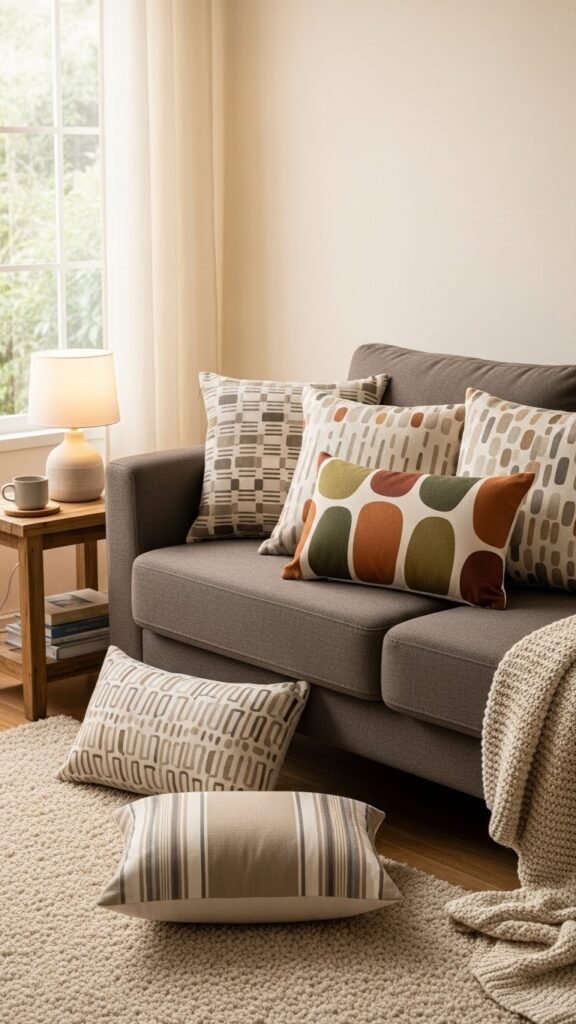 Dark beige sofa with patterned cushions