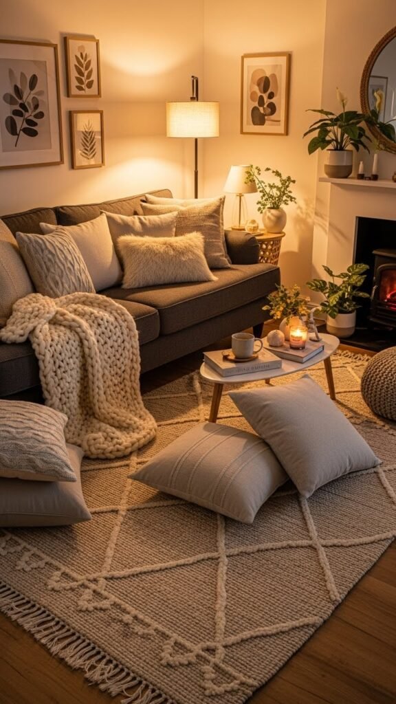 Dark beige sofa with plush cushions
