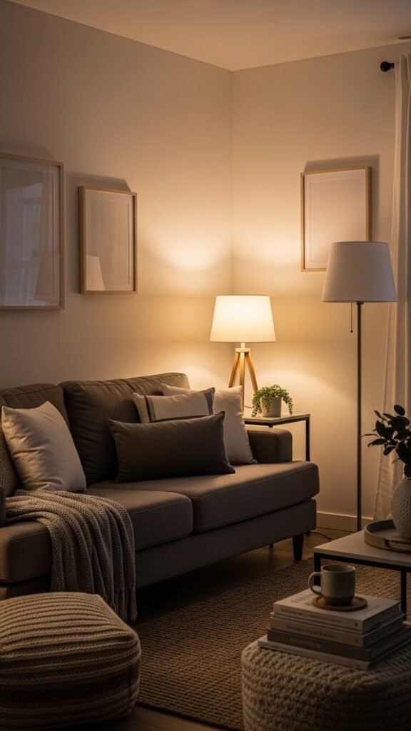 Dark beige sofa with soft lighting