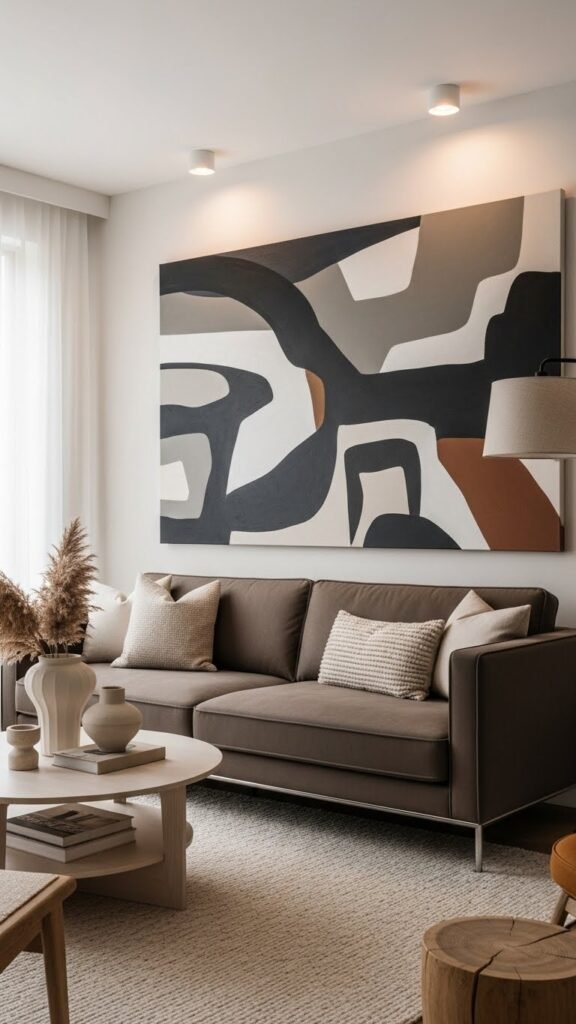 Dark beige sofa with wall art
