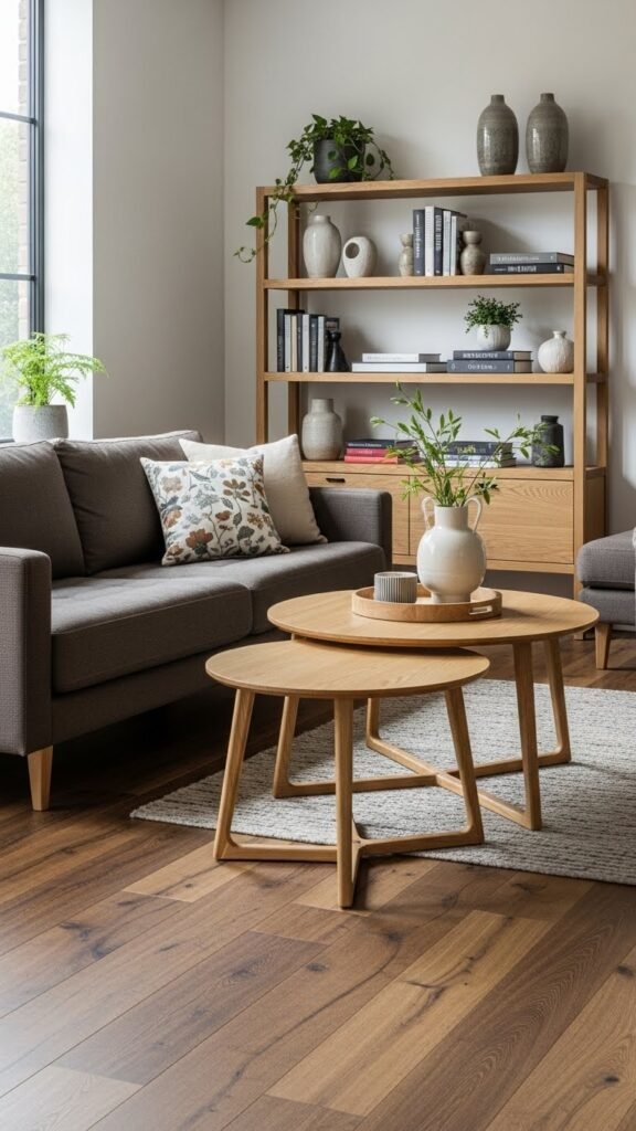 Dark beige sofa with wooden accents