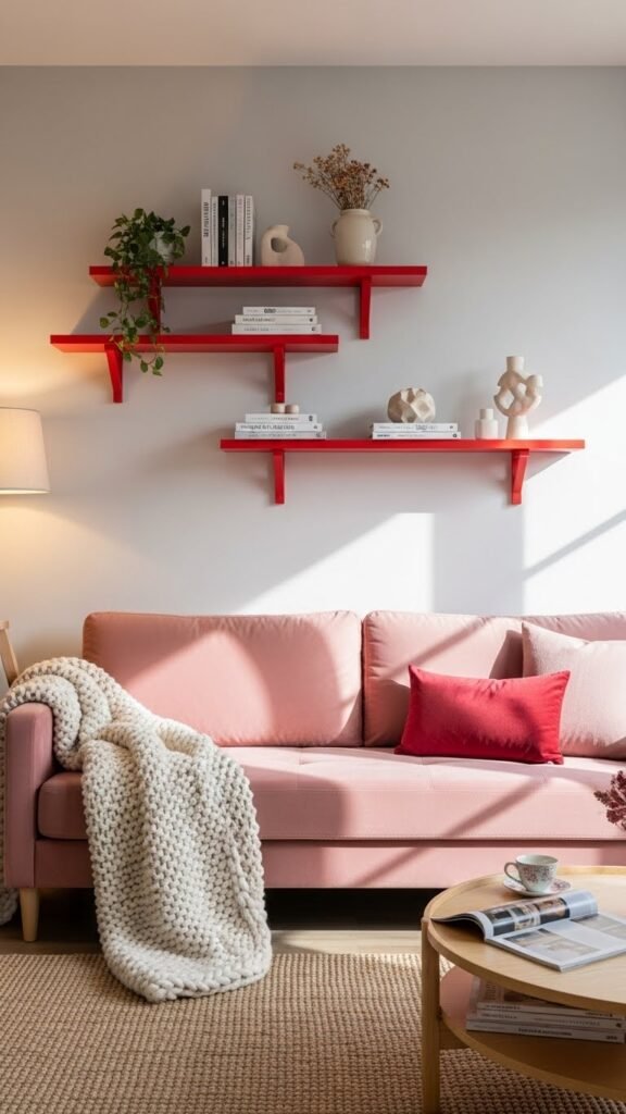Light pink sofa with red shelves