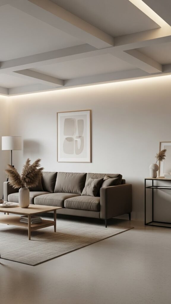 Minimalist living room with dark beige sofa