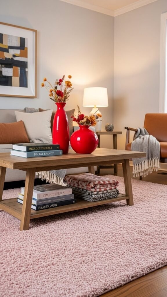 Pink area rug with red accents