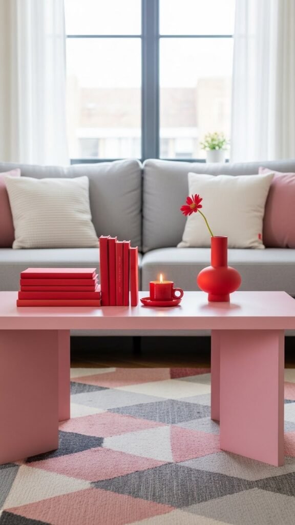 Pink coffee table with red decor