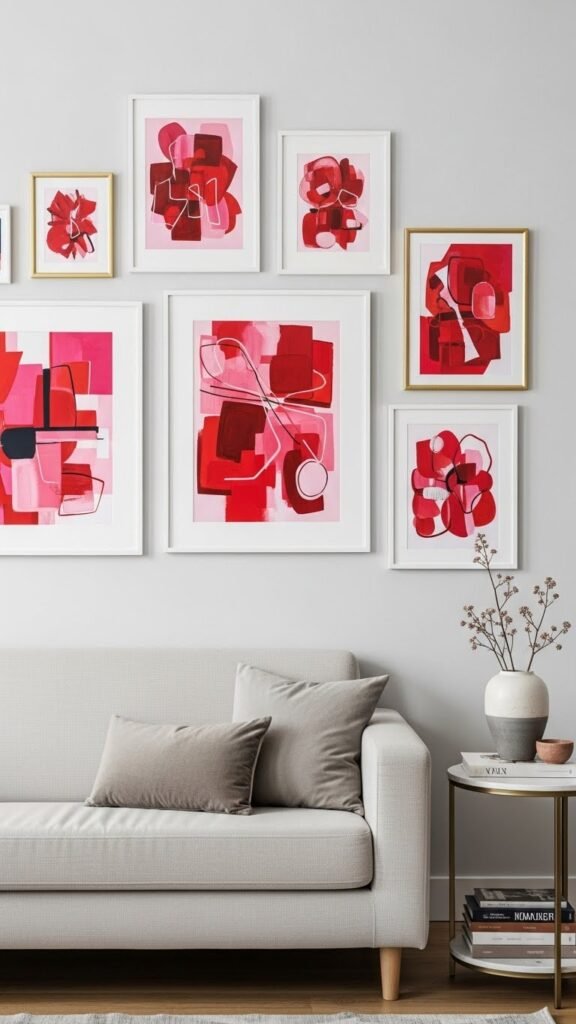 Red and pink abstract gallery wall