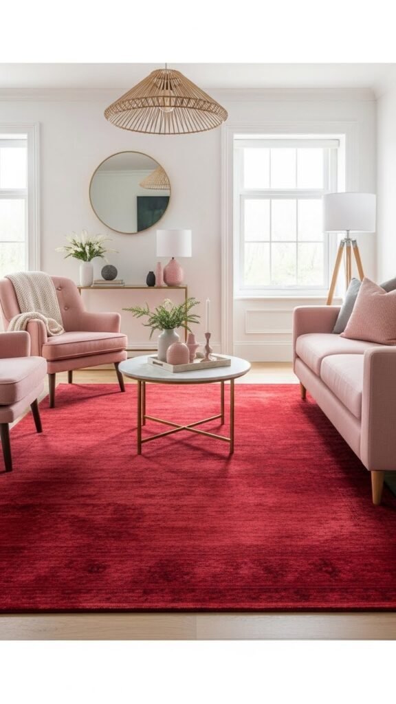 Red area rug with pink seating
