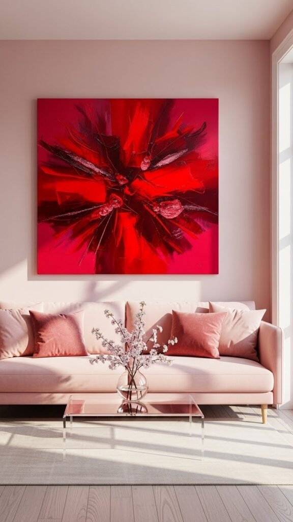Red artwork in pink living room
