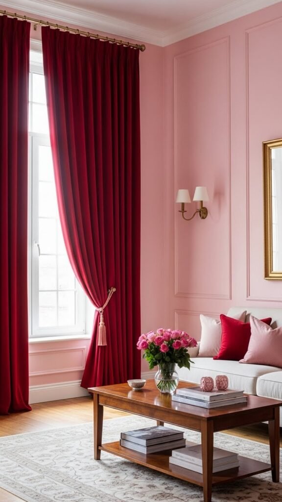 Red curtains with pink walls