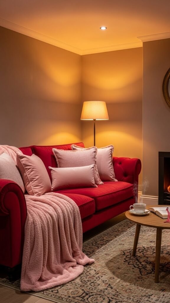 Red velvet sofa with pink throws