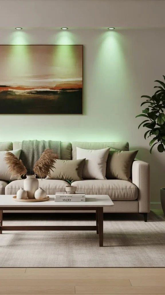 Beige Sofa with Green Accent Lighting