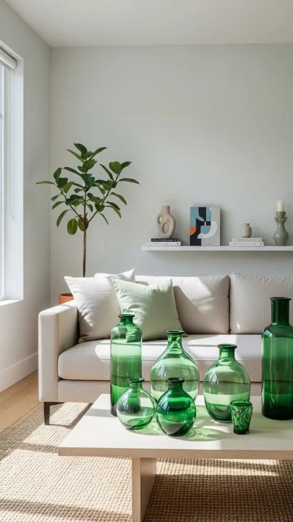 Beige Sofa with Green Accent Ottomans