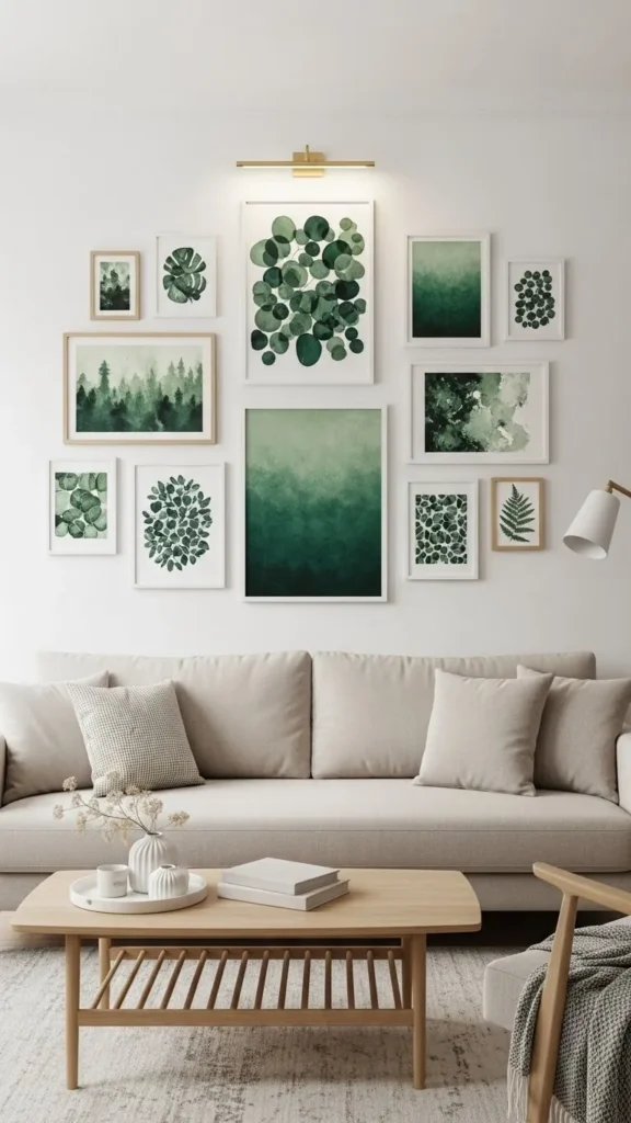 Beige Sofa with Green Artwork Gallery Wall