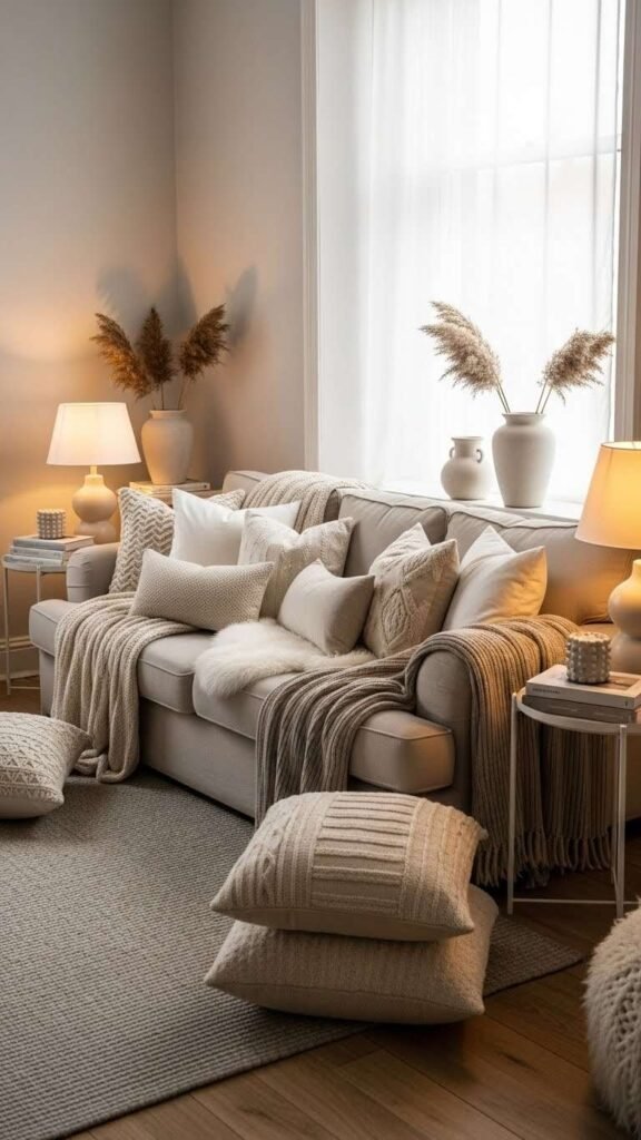 a beige sofa layered with cream and off-white cushions
