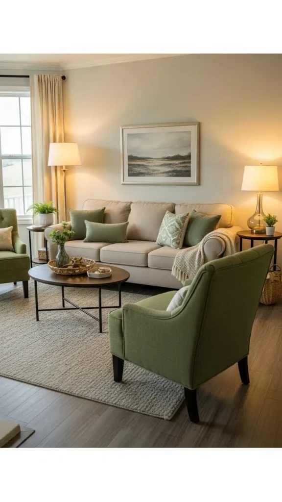 Beige Sofa with Green Upholstered Side Chairs