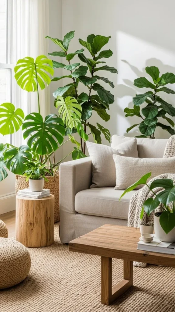 Beige Sofa with Green Floor Plants and Natural Wood