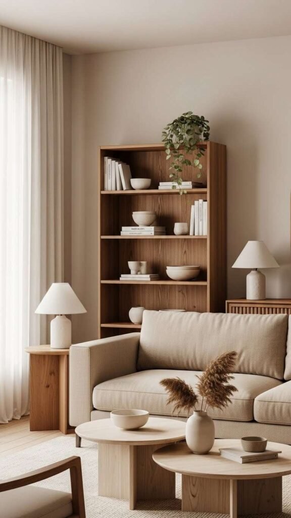 Beige Sofa with Wooden Accents