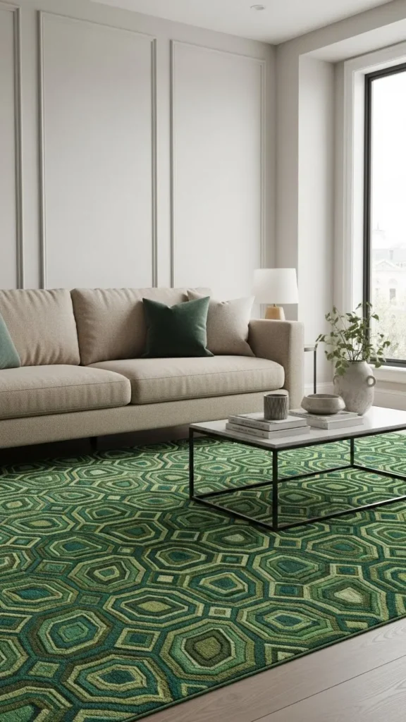 Beige Sofa with Green Patterned Rug