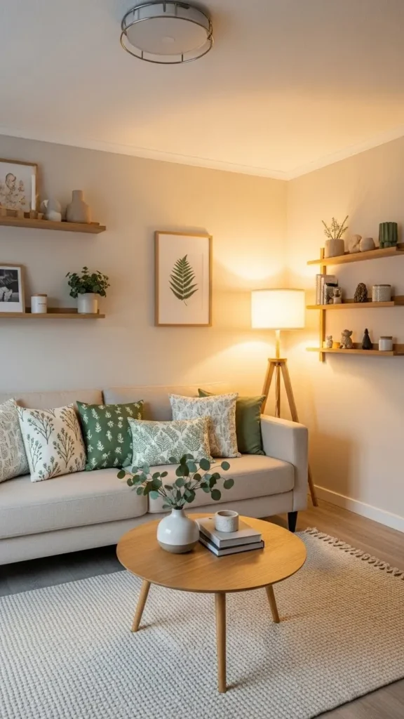 Beige Sofa with Green Glass Decor