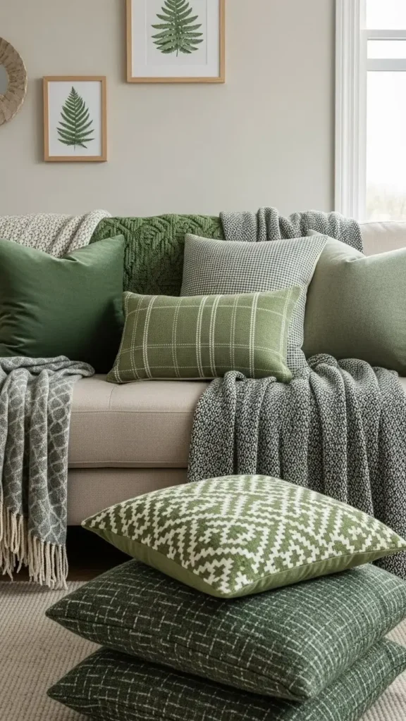 Beige Sofa with Layered Green Textiles