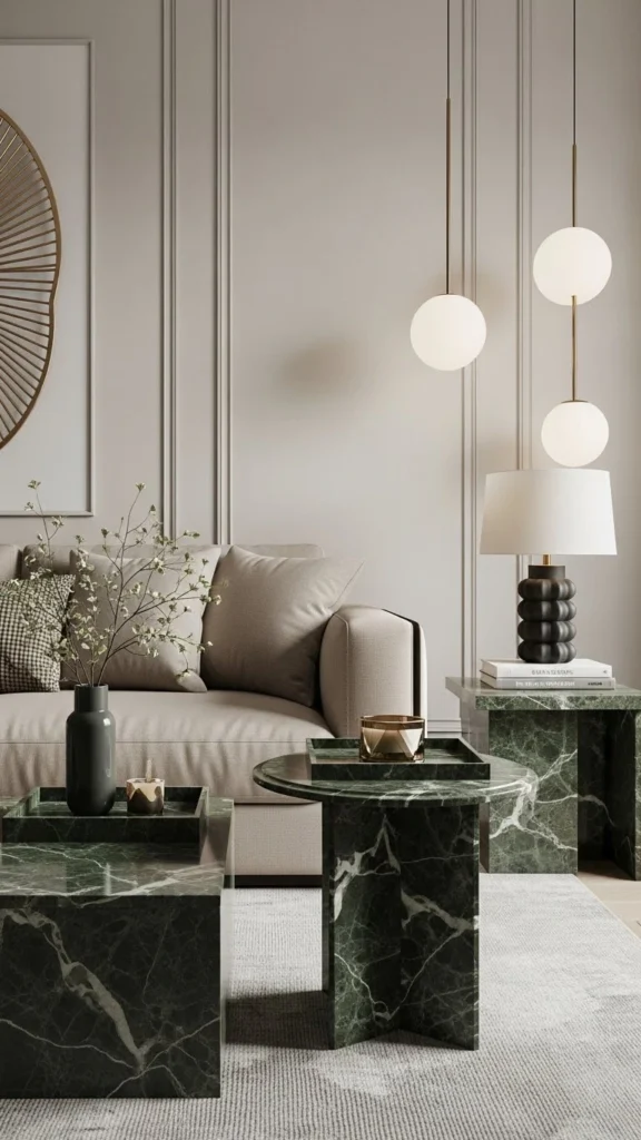 Beige Sofa with Green Marble or Stone Accents