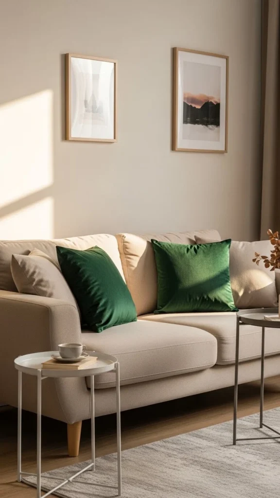 beige sofa styled with rich green velvet cushions.