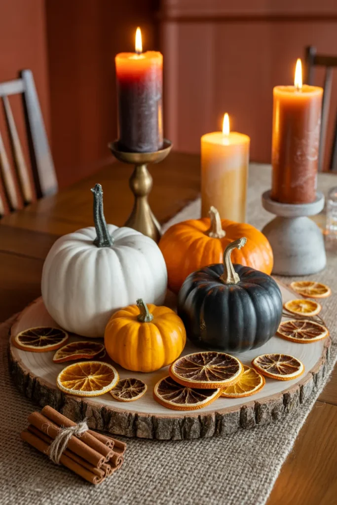 Pumpkin Trio Centerpiece with Dried Orange Slices & Candles