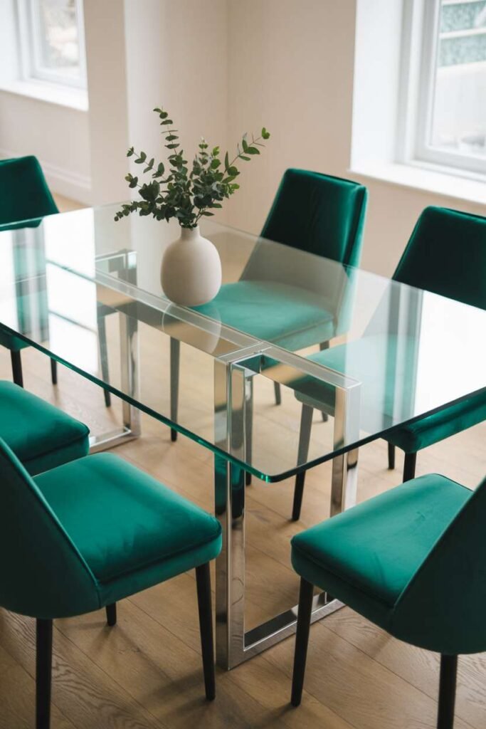 38. Green Dining Room with Glass Table