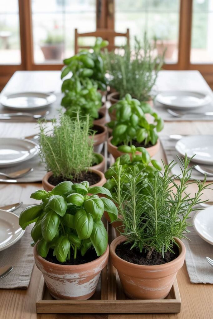  Fresh Herb Pots on Dining Table