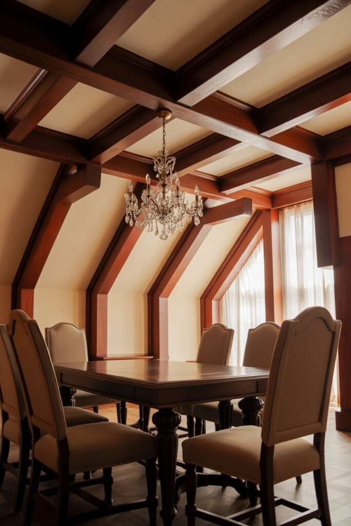 Traditional Dining Room with Wooden Beam Ceiling