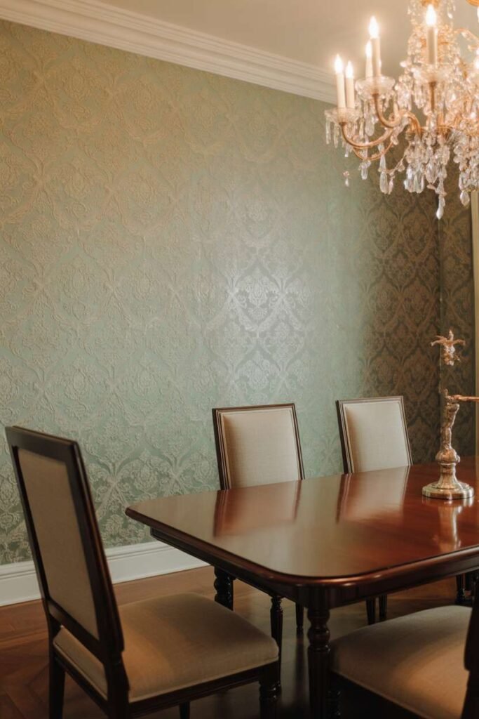  Traditional Dining Room with Patterned Wallpaper